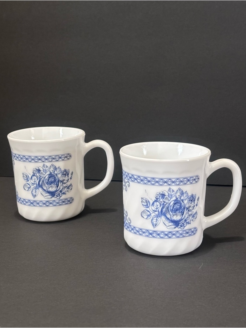 Vintage Arcopal France White Milk Glass Honorine Blue Rose Mug Set of 2